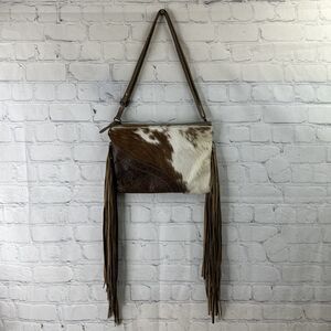 Myra Bag Leather ,Floral Canvas & Cowhide Whipstitch Fringe Crossbody W/‎ Wallet